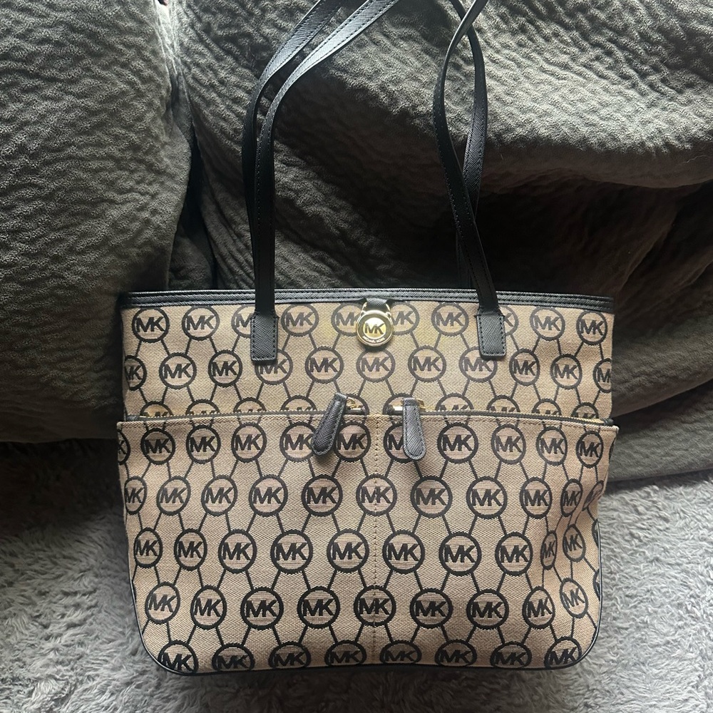 Michael Kors Black and Tan Logo Tote Bag  larger size